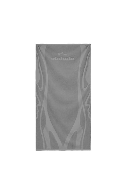 Sports Towel Gray, 100% Baumwoll-Frottee, mit eingewebtem Anatomie-Muster und OK Sports-Logo, zeigt eine detaillierte Nahaufnahme des Designs. Größe: 100 x 50 cm.